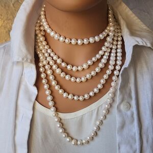 Pearl Necklace Long White Natural Knotted Freshwater Pearls Long Necklace